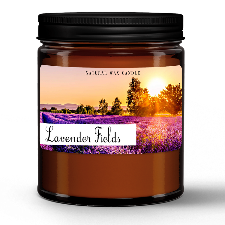 Natural Wax Candle in Amber Jar (9oz)- Lavender Fields