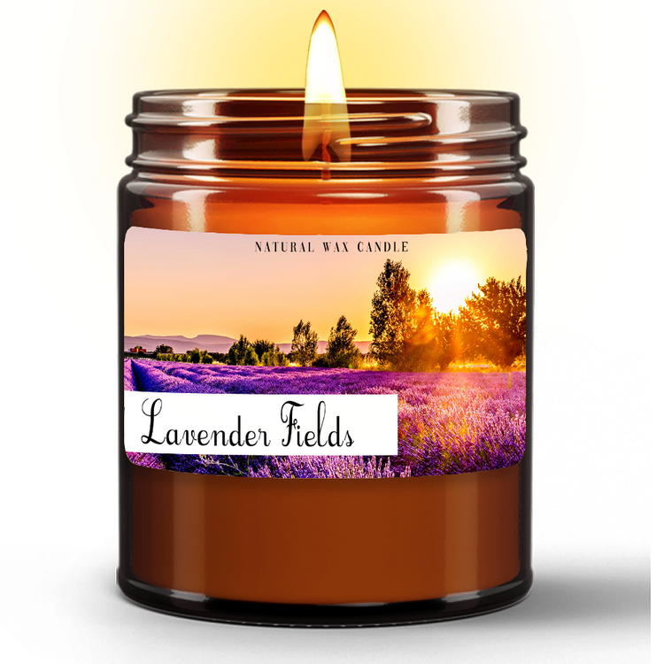 Natural Wax Candle in Amber Jar (9oz)- Lavender Fields
