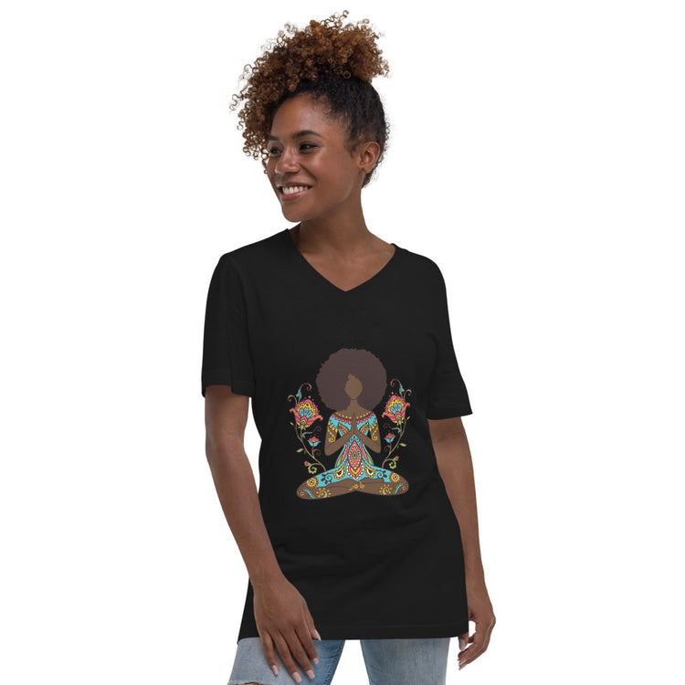 Siting Lotus Style Turquoise Pose Short Sleeve V-Neck T-Shirt