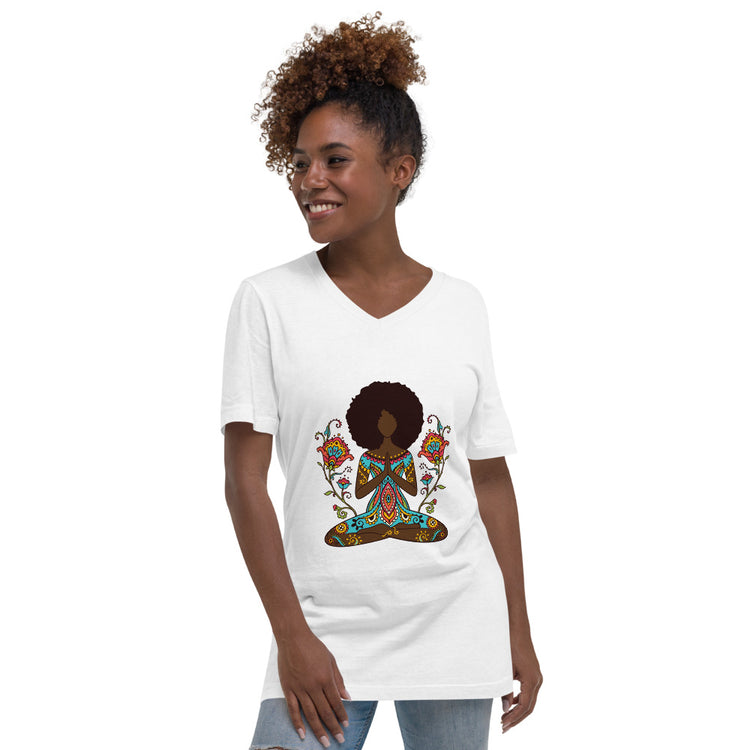 Siting Lotus Style Turquoise Pose Short Sleeve V-Neck T-Shirt