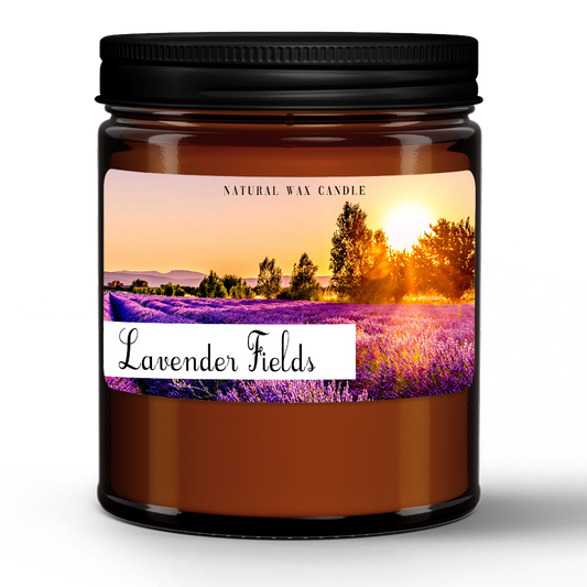 Natural Wax Candle in Amber Jar (9oz)- Lavender Fields