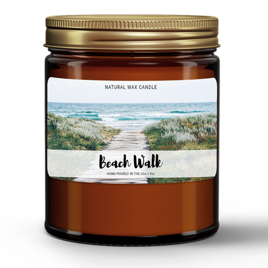 Natural Wax Candle in Amber Jar (9oz)- Beach Walk